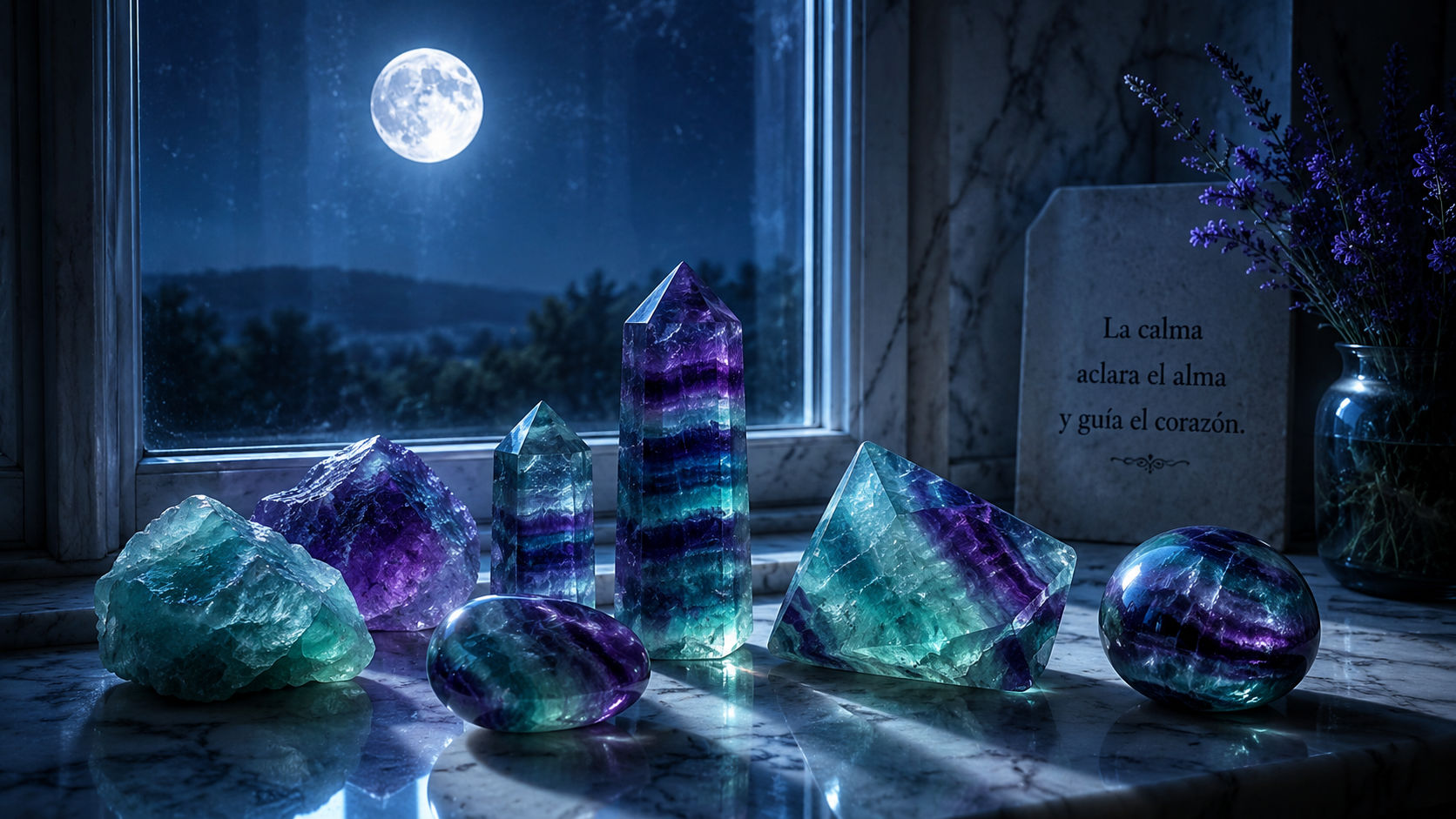 Cristales de Fluorita en la ventana absorbiendo la luz de la luna para irradiar protección sutil.