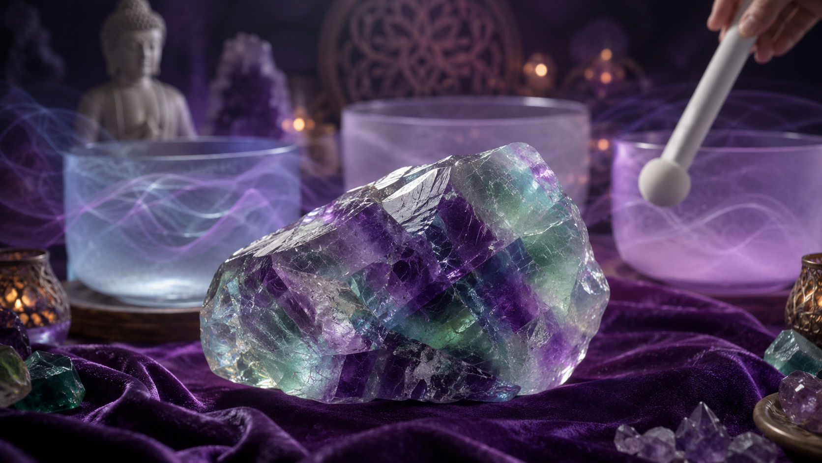 Coloca la Fluorita sobre un paño de terciopelo morado y haz sonar el instrumento en la nota del chakra del Tercer Ojo (La). La vibración pura sacudirá y expulsará los residuos estancados de las láminas geométricas internas del cristal.