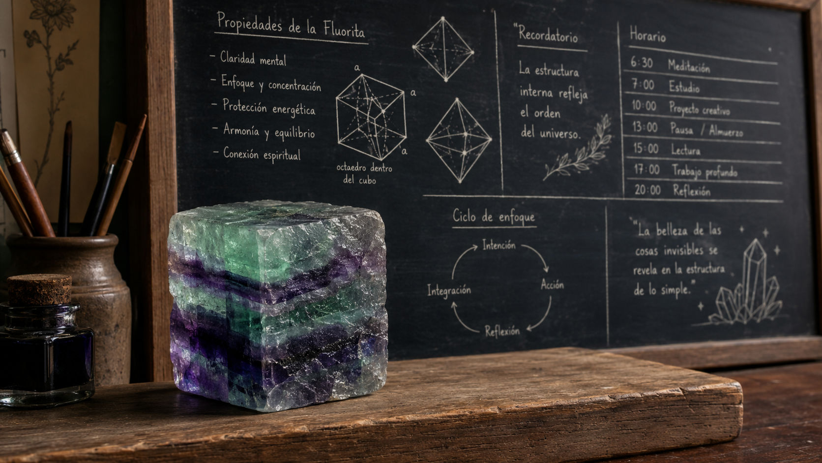 Fluorita en bruto colocada junto a un tablero de proyectos para fomentar el orden en Umbral Astral.