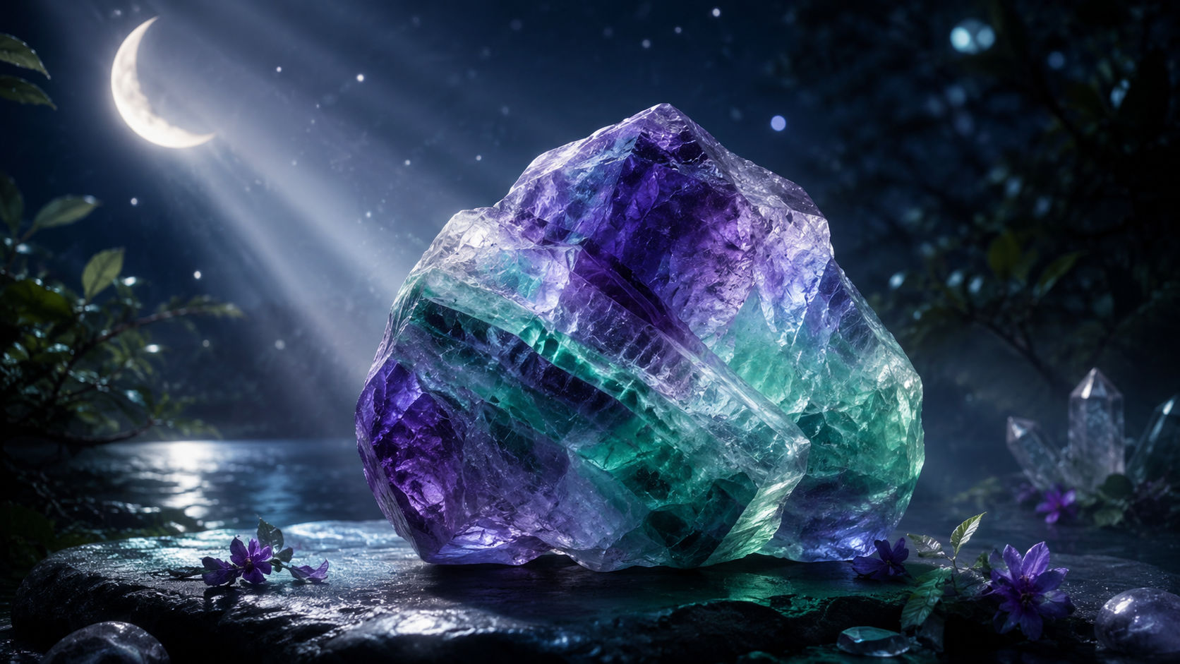 Expón la Fluorita al cielo de la noche para que absorba la vibración del crecimiento, la intuición y el misterio universal. La luz de la luna recarga sus propiedades místicas de canalización y percepción psíquica sin dañar sus pigmentos.