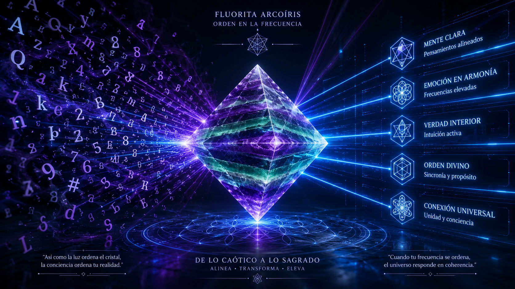 Cristal de Fluorita emitiendo haces de luz violeta y azul para organizar pensamientos dispersos y estructurar el enfoque.