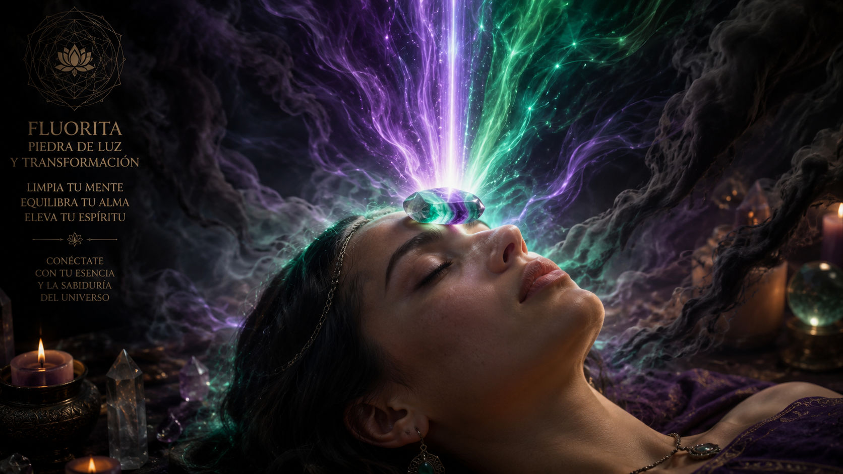 Gema de Fluorita emitiendo luz esmeralda y violeta para limpiar el chakra del tercer ojo.