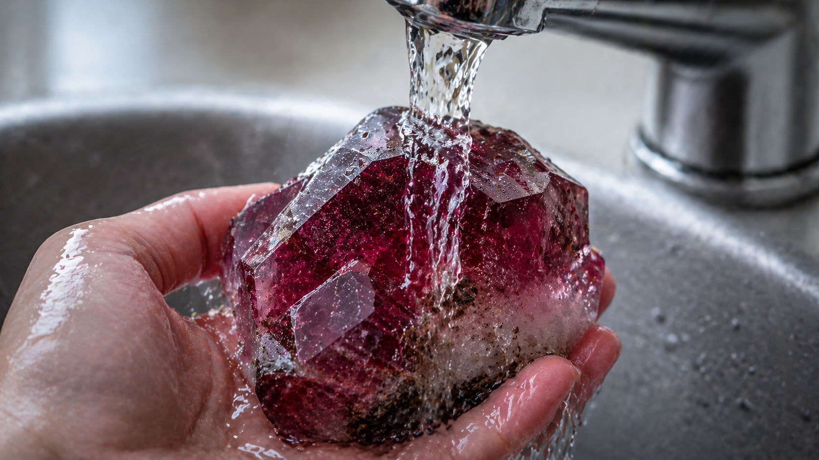 Deja caer agua del grifo sobre la gema mientras visualizas que se lleva cualquier