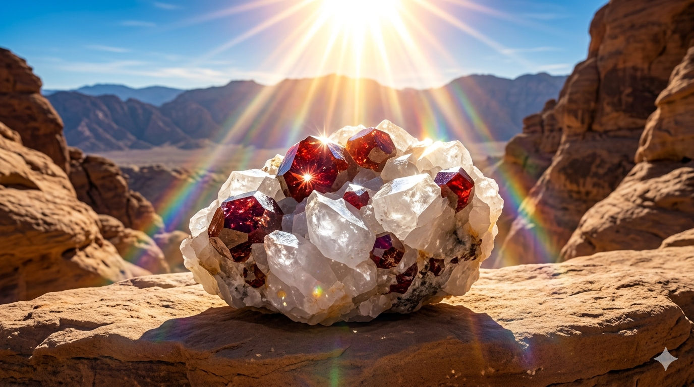 Expón el cristal al sol más fuerte durante 15 minutos; el calor activa la vibración atómica del hierro y manganeso en su interior. La energía solar directa es el combustible primario para que el granate recupere su capacidad de revitalización.