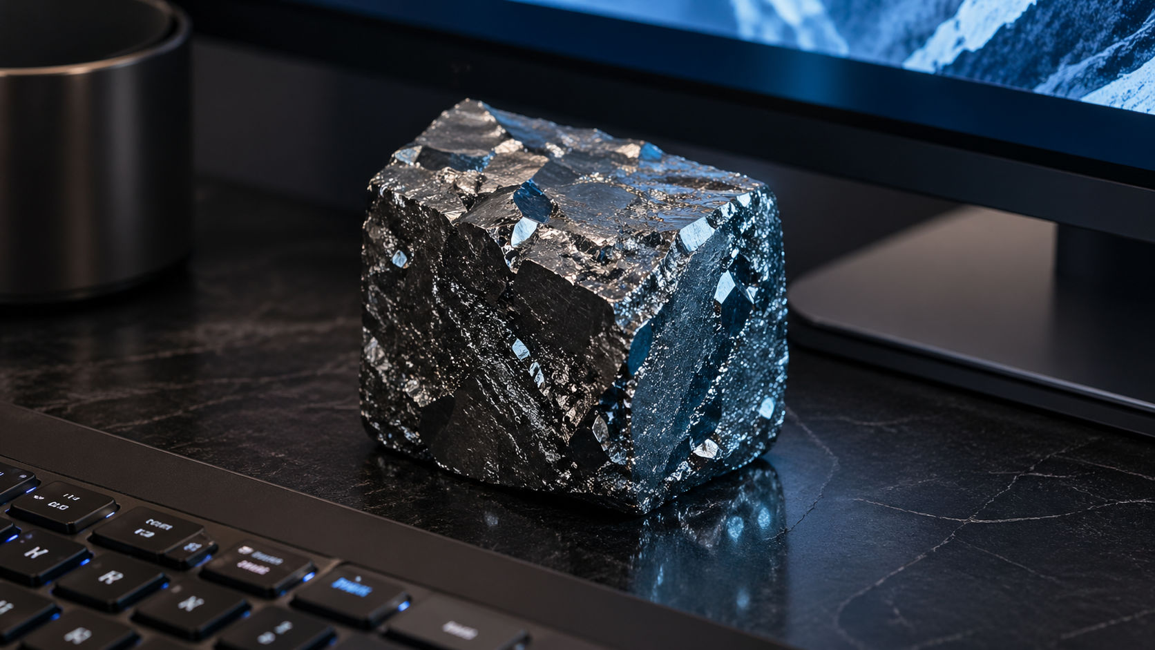 Hematita Especular en el escritorio para disipar la estática electromagnética y mantener el enfoque.