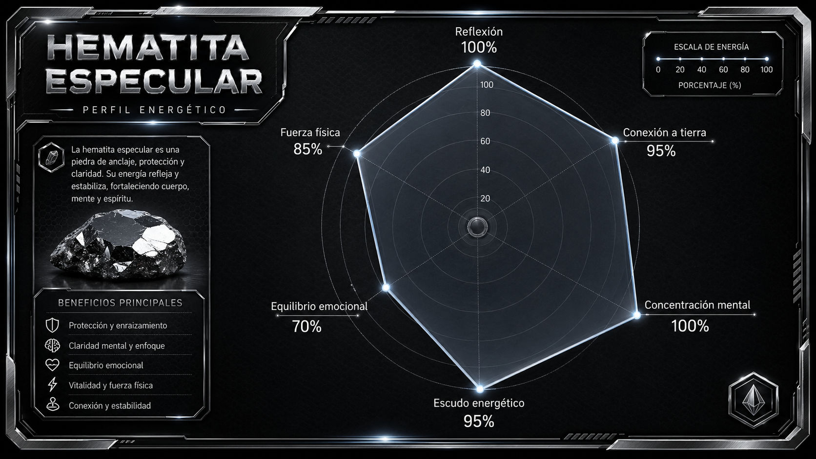 Gráfico de radar de la Hematita Especular destacando su máxima capacidad en reflexión y enfoque mental.