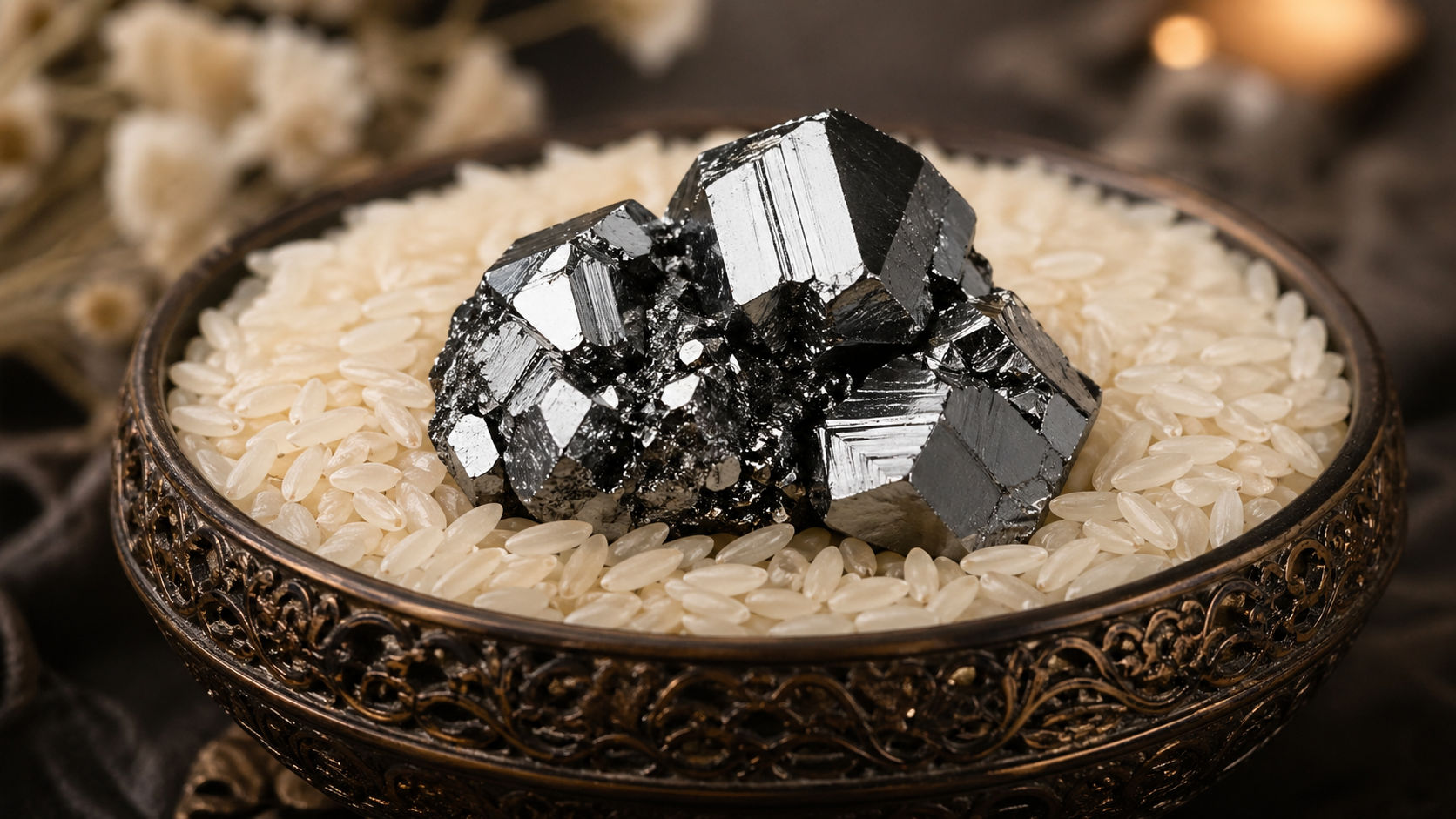 Coloca la piedra en un recipiente con arroz seco para que absorba la humedad y las impurezas magnéticas.