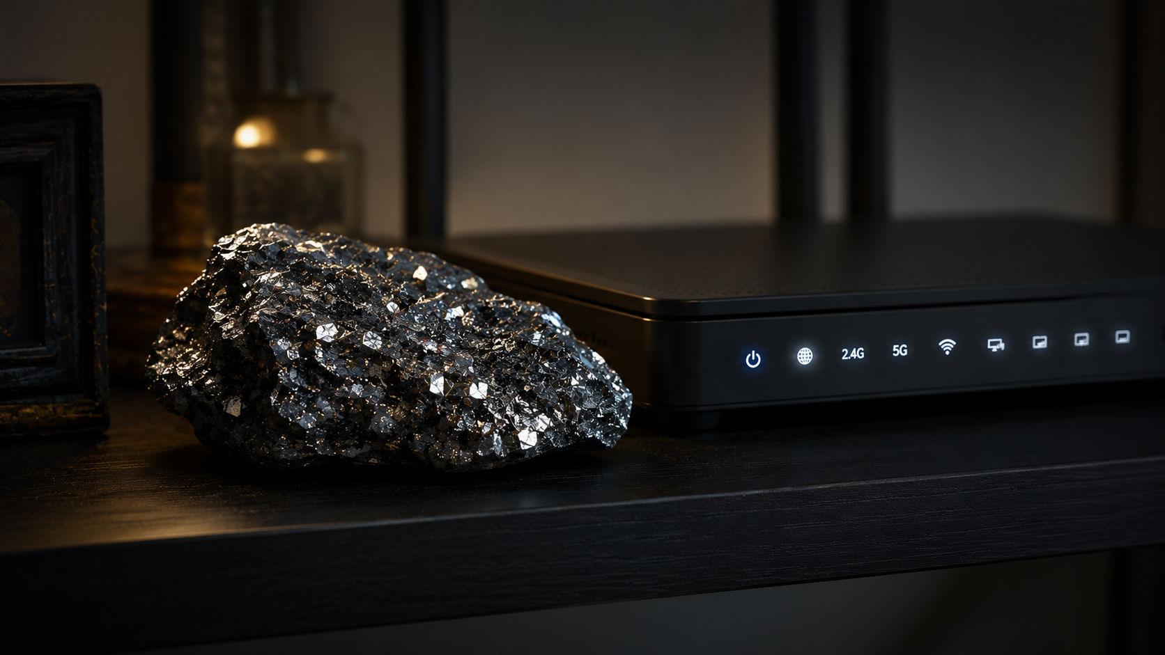 Espécimen de Hematita Especular dispuesto junto al router para dispersar las frecuencias electromagnéticas.