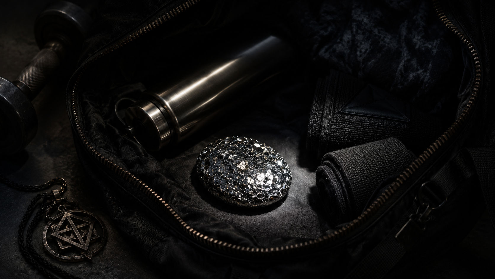 Piedra de Hematita Especular dentro de un bolso deportivo como amuleto de resistencia física y blindaje.