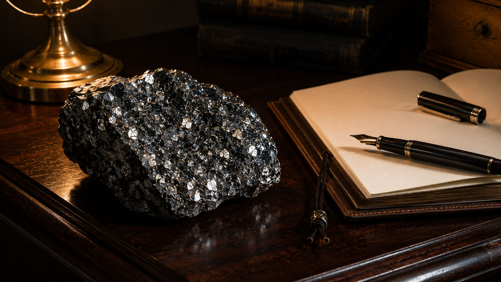 Fragmento de Hematita Especular resguardando la mesa de decisiones financieras en Umbral Astral.