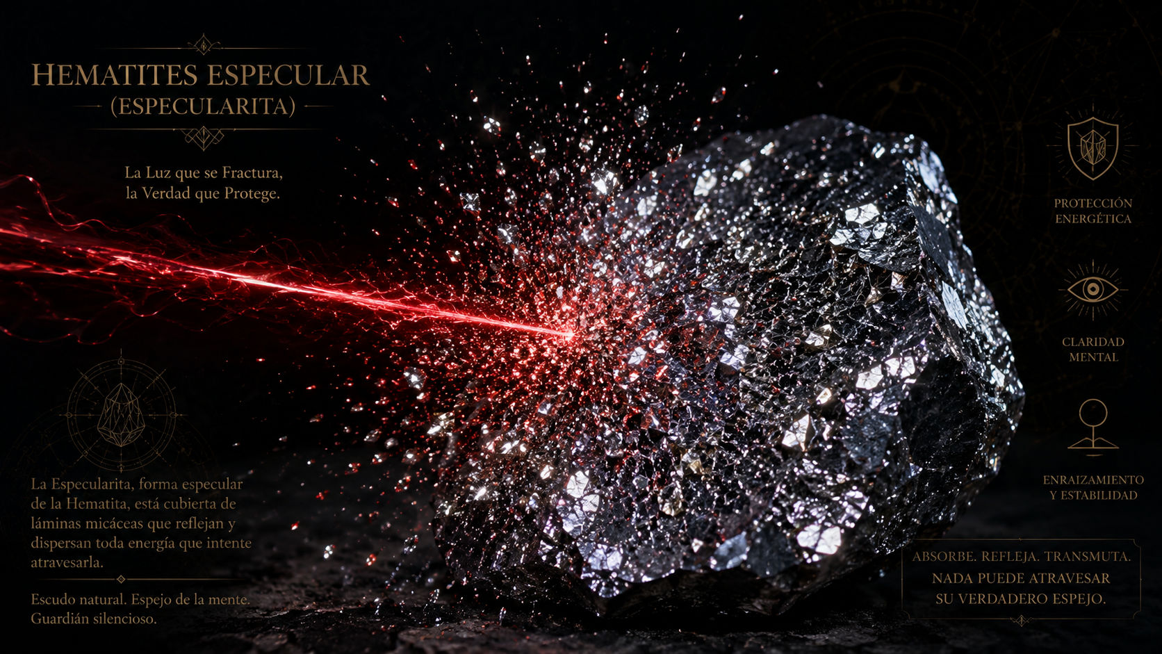Piedra de Hematita Especular dispersando un haz de energía intrusiva en miles de destellos metálicos.