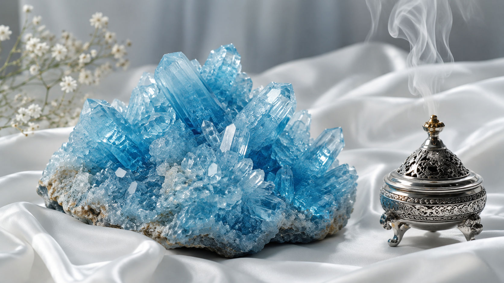 Cluster de Hemimorfita dispuesto en el altar sagrado para disolver el orgullo y potenciar la meditación.