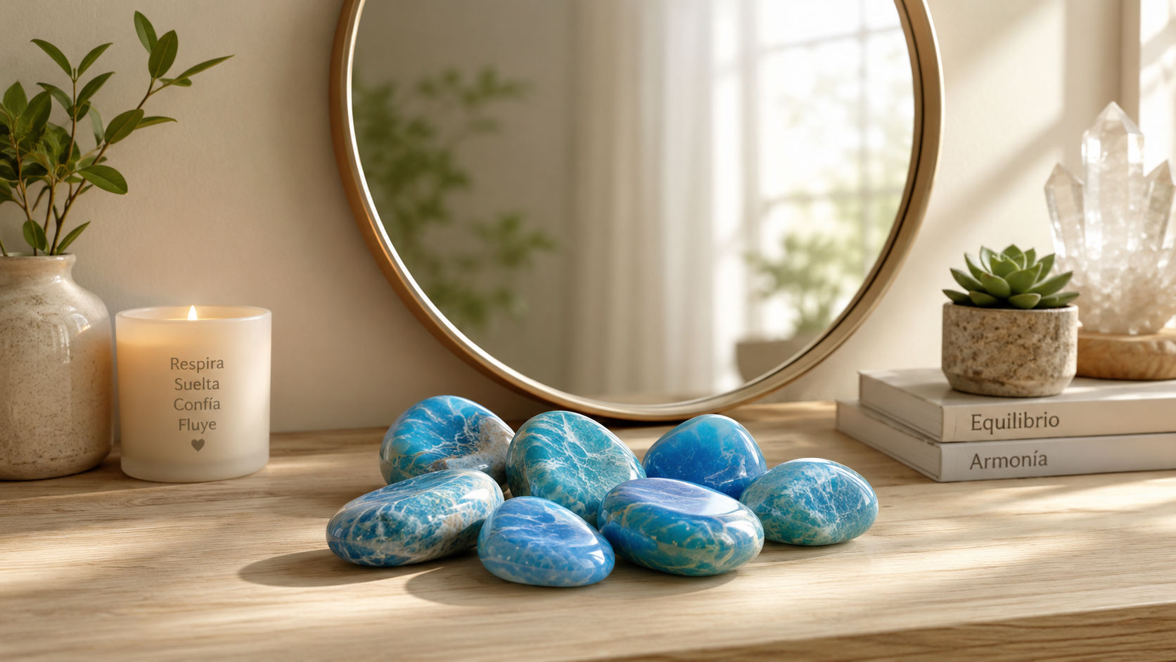 Piedras de Hemimorfita frente al espejo para conectar con la autoaceptación y el perdón verdadero.