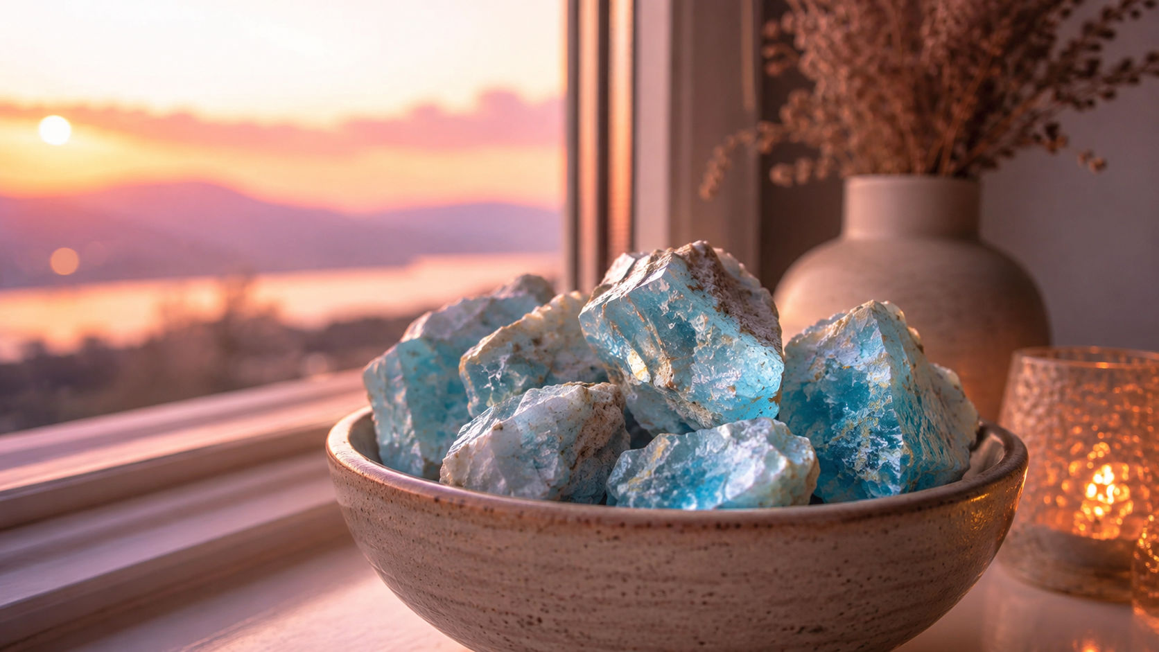 Fragmentos de Hemimorfita en la ventana absorbiendo la luz crepuscular para sellar el día con paz espiritual.