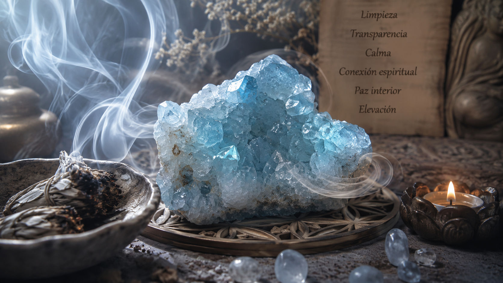 Pasa el cristal lentamente a través de las espirales de humo sagrado para limpiar sus poros y texturas botroidales de toda estática.