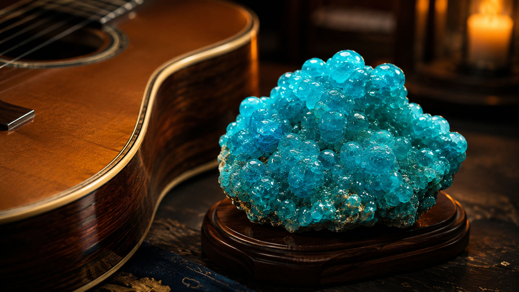 Especimen de Hemimorfita junto a una guitarra para imbuir la música de expresión auténtica.