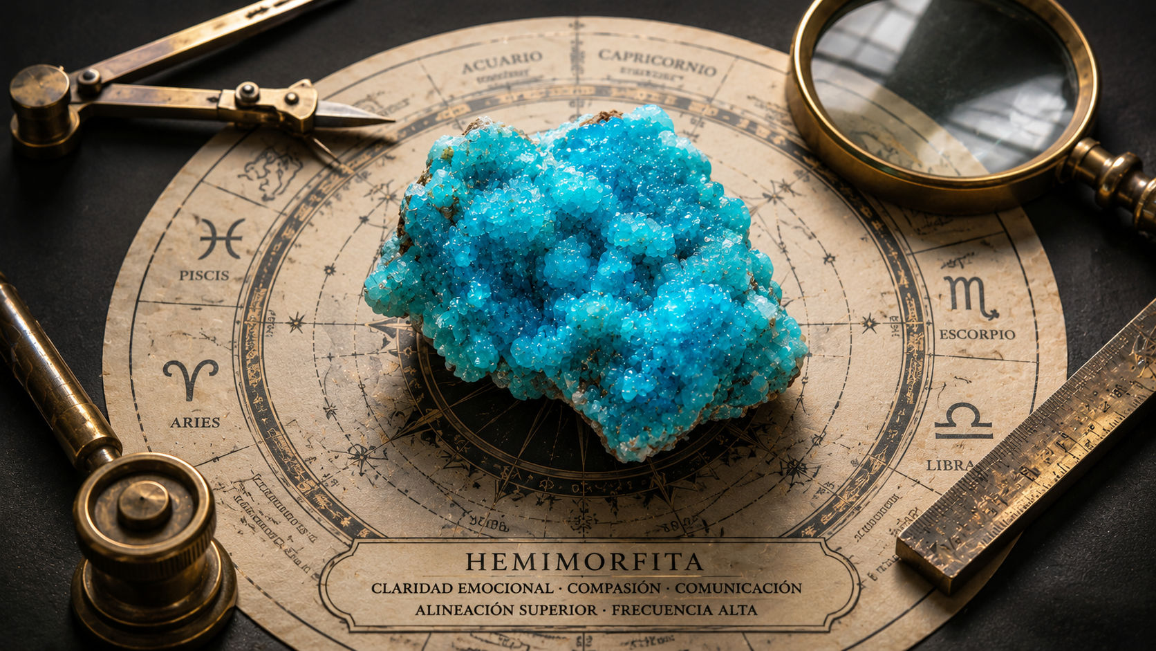 Cluster de Hemimorfita sobre cartas astrales para aportar ética y claridad en las lecturas de Umbral Astral.