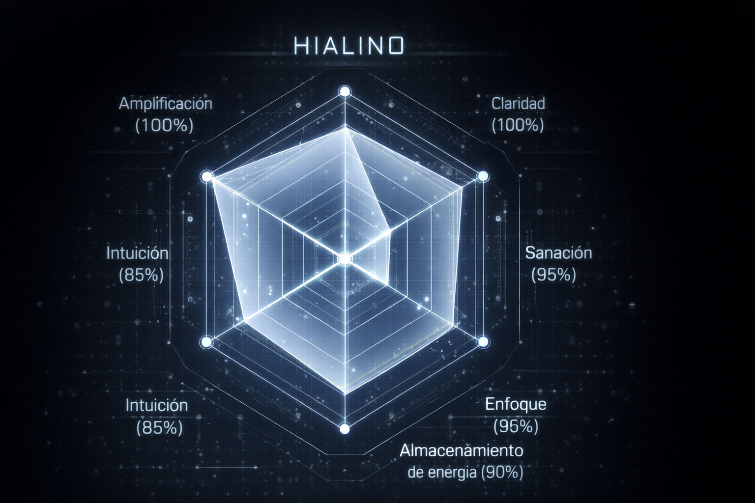 Gráfico de radar del Cuarzo Hialino destacando su máxima capacidad en amplificación y claridad mental.