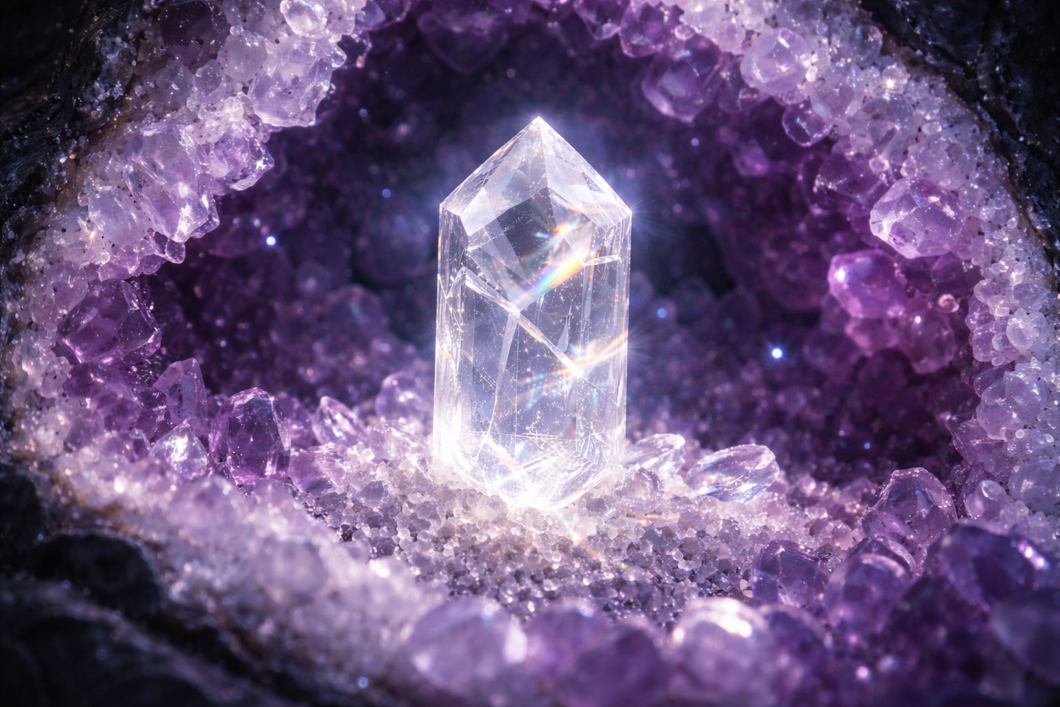 Coloca el cristal dentro de una geoda para que la frecuencia violeta regenere su capacidad de transmutación. Esta sinergia recarga el cuarzo hialino con una energía de paz profunda y protección.