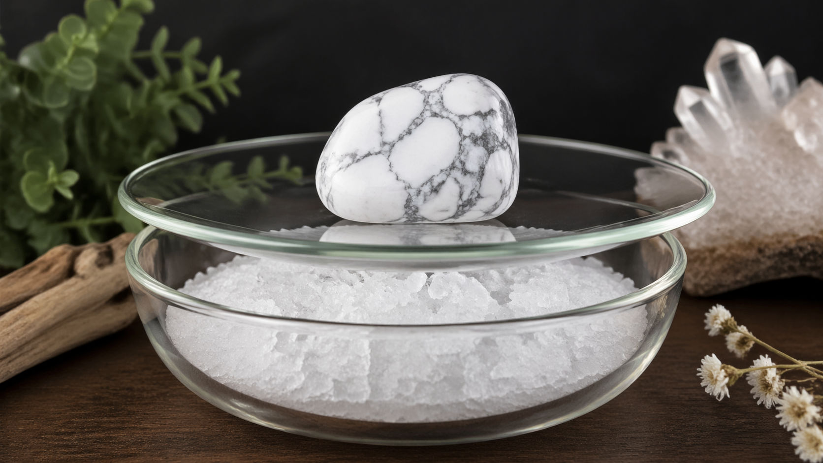 Coloca la sal en un cuenco y la gema en un plato pequeño encima, permitiendo que la sal absorba la carga estática. Este método protege la superficie suave de la piedra mientras purifica su campo áurico.