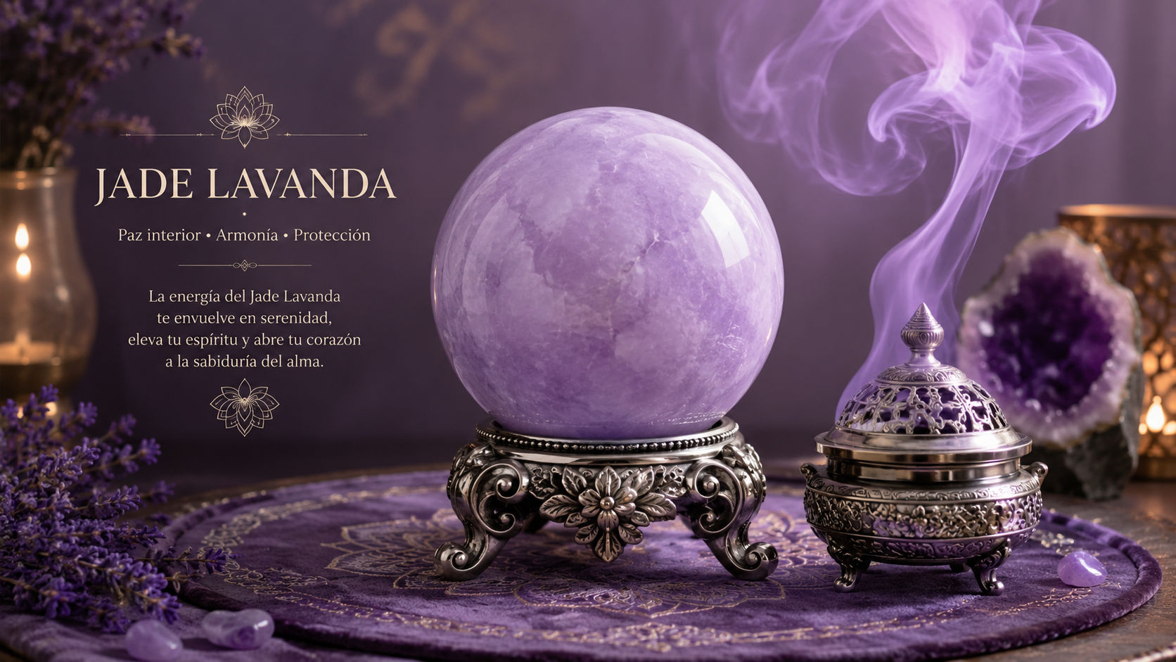 Esfera de Jade Lavanda en el altar para purificar el ambiente y elevar las oraciones.