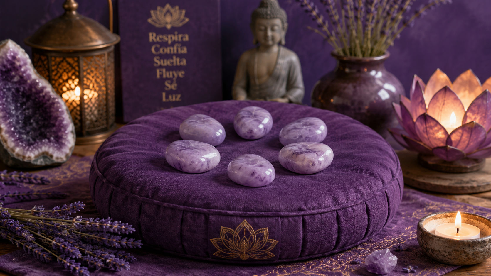 Piedras de Jade Lavanda dispuestas para crear un espacio de meditación libre de perturbaciones.