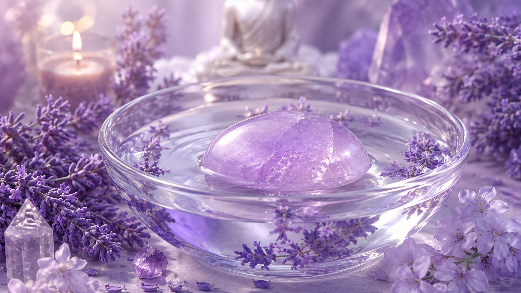 Sumerge la piedra en un cuenco de cristal con agua pura y flores secas o frescas de lavanda durante unos minutos.