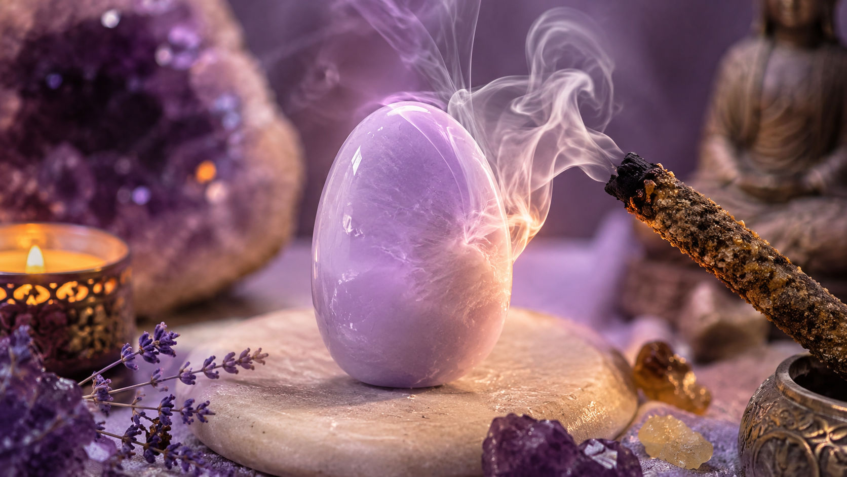 Pasa el cristal a través de las densas nubes de humo de estas resinas sagradas para disolver cualquier impregnación del entorno. Este método es ideal para purificar la piedra después de haber realizado meditaciones de liberación kármica.