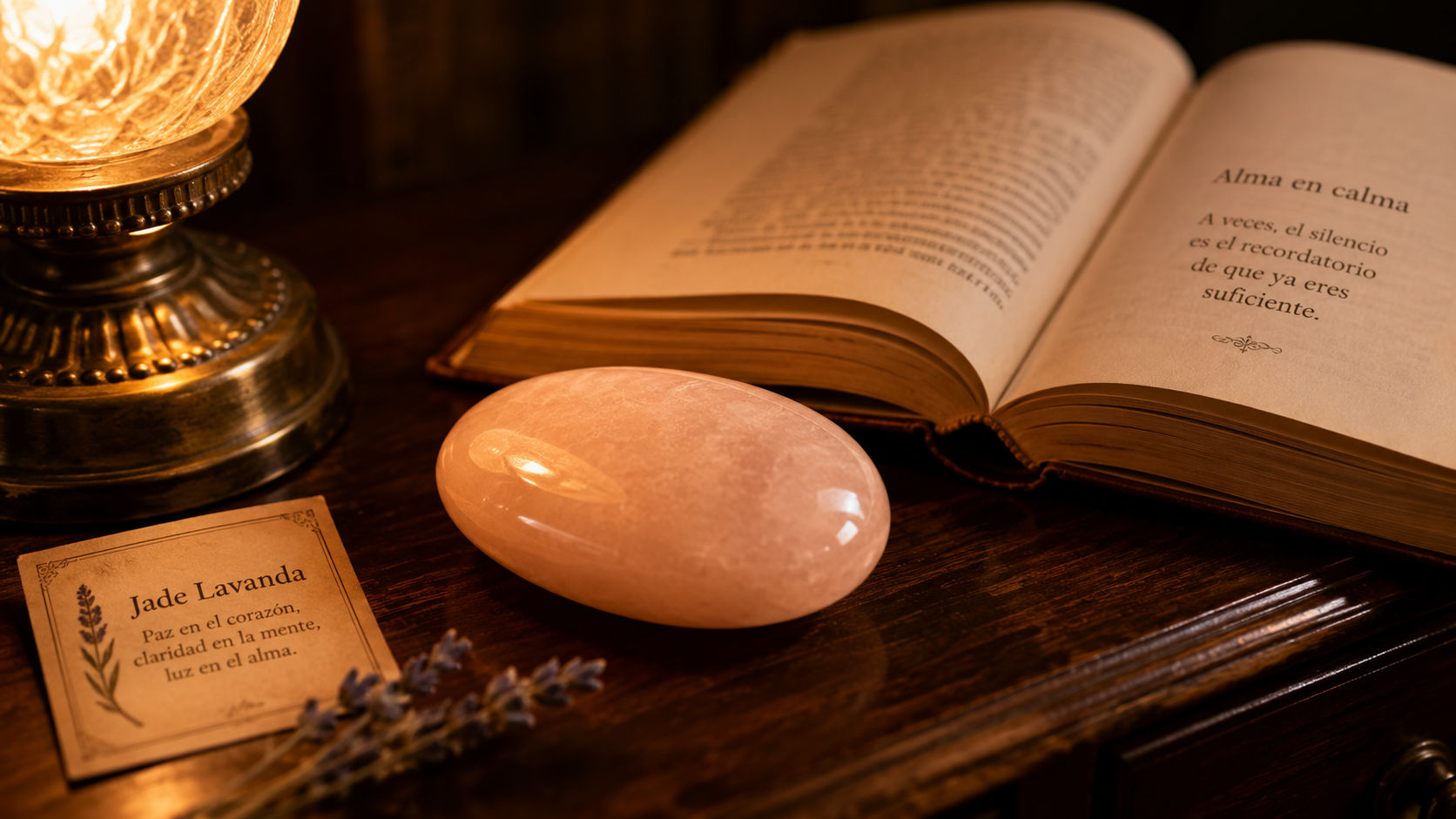 Piedra de Jade Lavanda junto a una lámpara de lectura para crear una atmósfera de paz y reflexión.