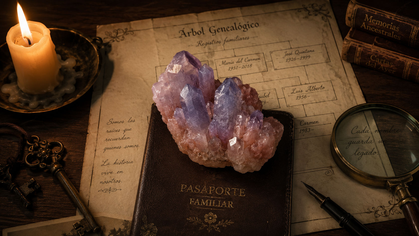 Cluster de Jade Lavanda resguardando la libreta de linaje para sanar relaciones familiares en Umbral Astral.