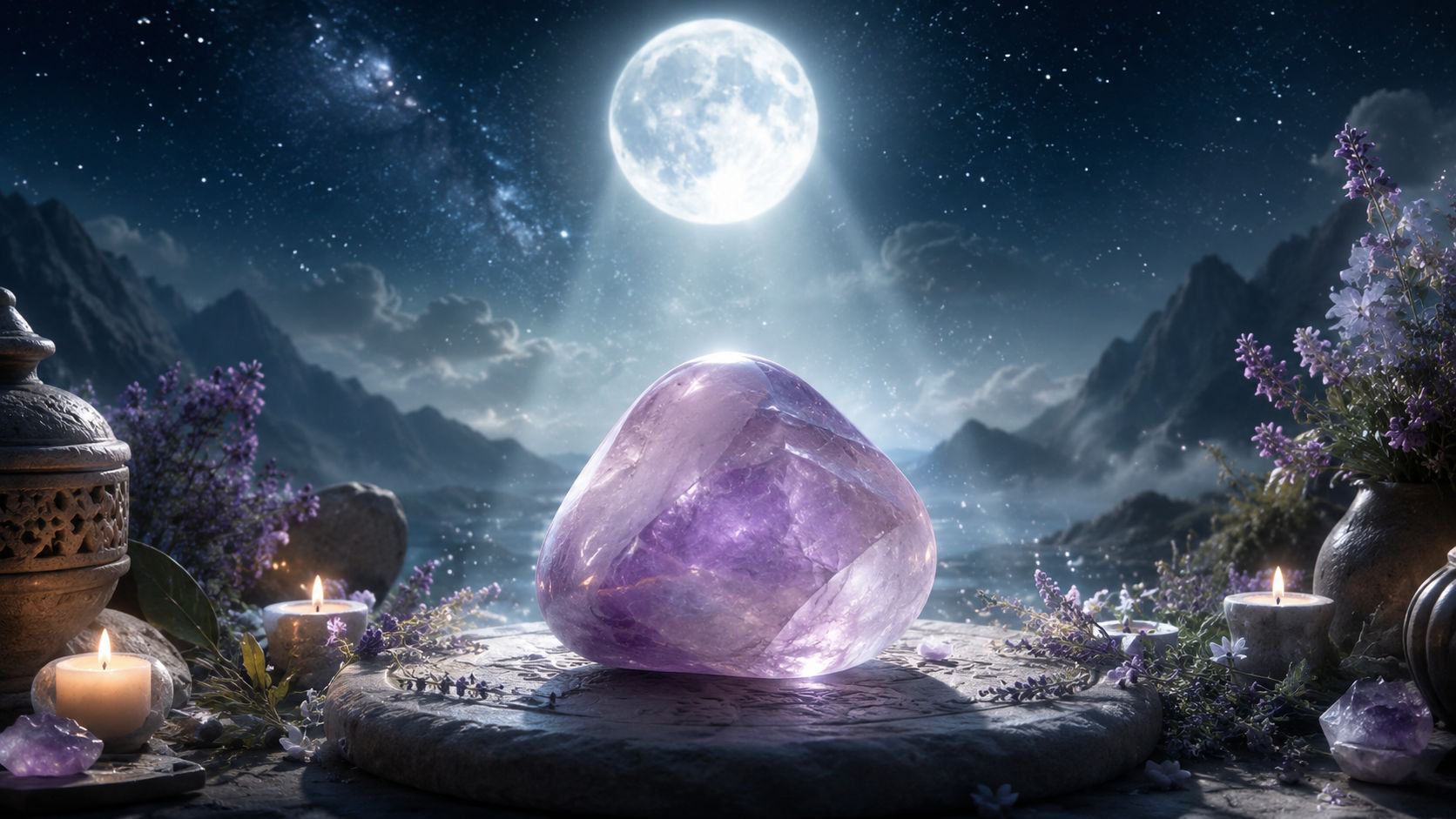 Expón el cristal al cielo nocturno durante el apogeo lunar para que absorba la energía mágica y protectora del satélite. La luz de la luna llena potencia su naturaleza intuitiva y recarga sus virtudes de transmutación y paz interior.