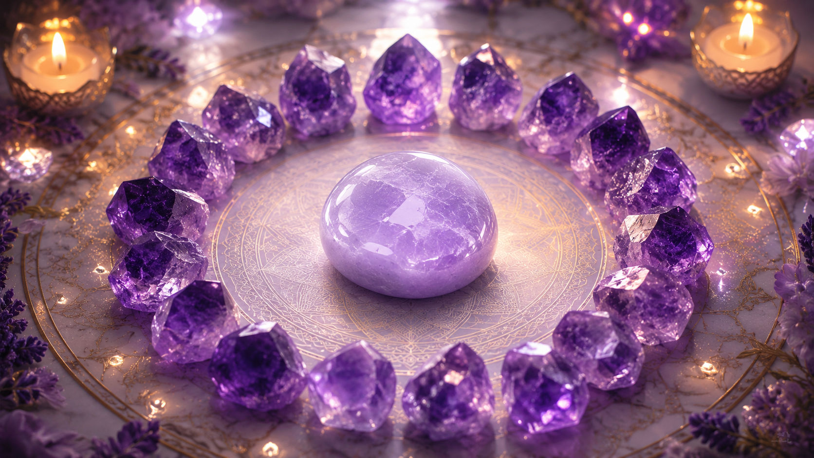 Coloca el Jade Lavanda en el centro de una red circular de puntas de amatista para crear un vórtice energético cerrado. La amatista actúa como un transformador que inyecta vibración lila directamente en el núcleo del jade.