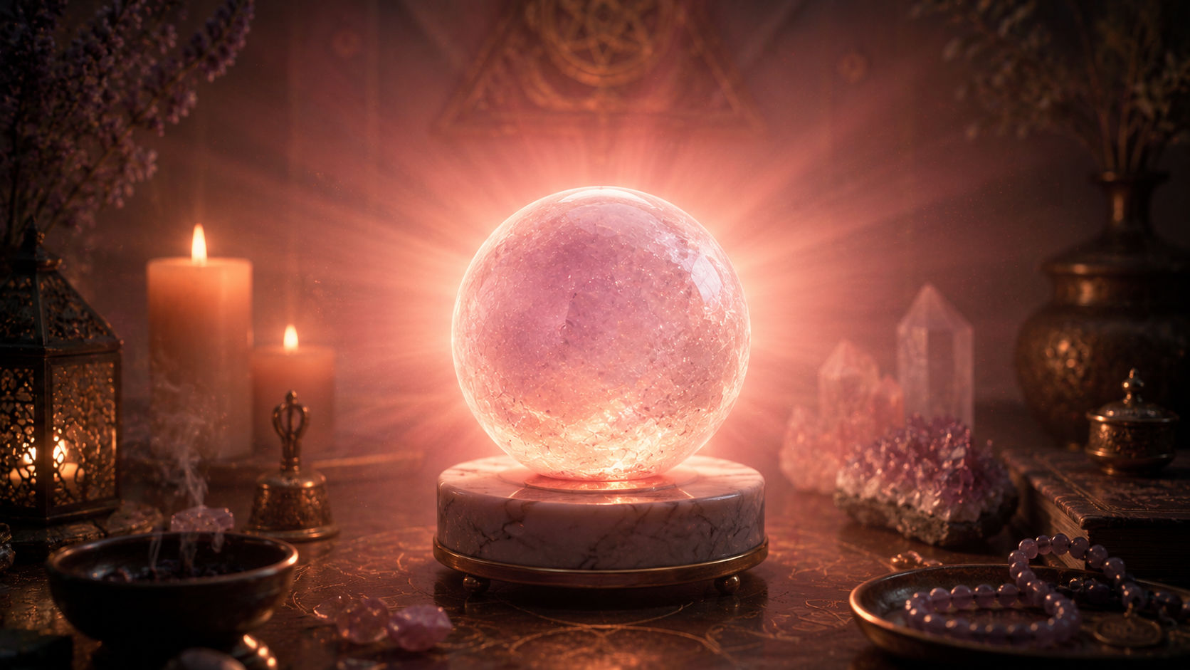 Esfera de Jade Lavanda expandiendo una luz rosa tibia para cultivar la compasión consciente.