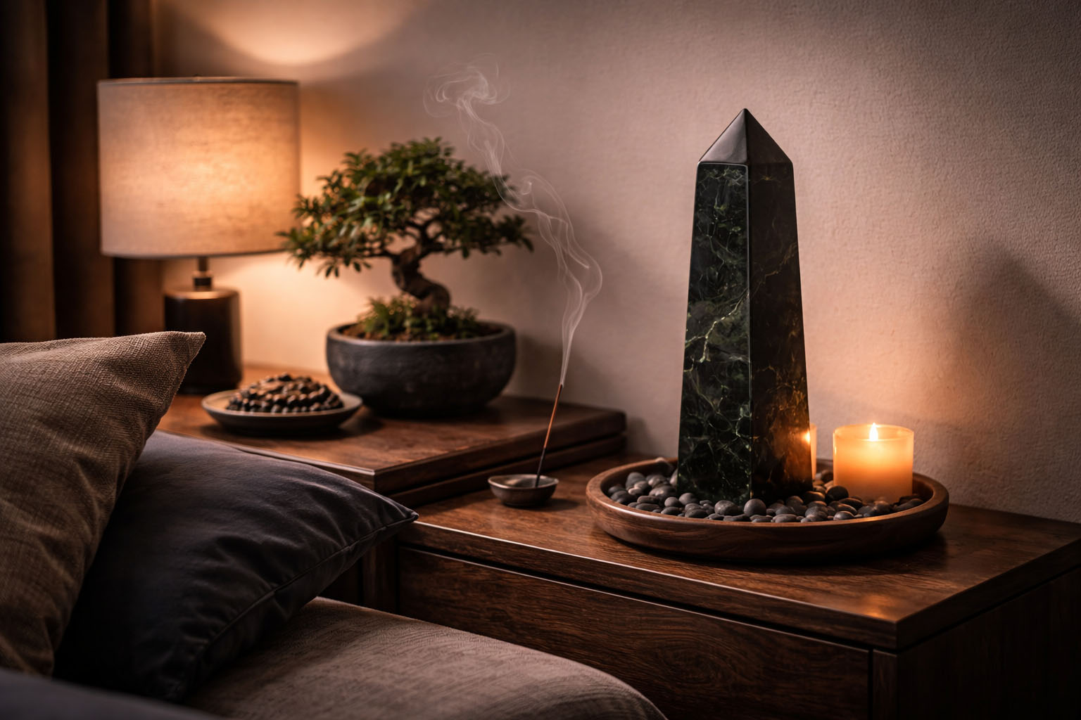 Torre de Jade Negro para anclar la energía de descanso y protección psíquica nocturna.