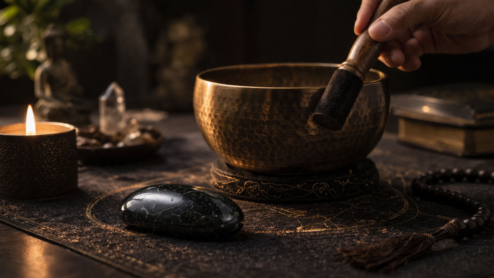 Coloca el Jade cerca de un cuenco de metal y hazlo sonar para que la vibración sónica limpie su estructura interna. Es un método de limpieza profunda que no requiere contacto físico, ideal para piezas de joyería delicadas.