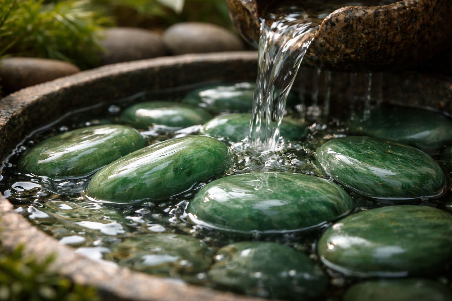 Jade Verde en contacto con agua en movimiento para potenciar el flujo de dinero y abundancia.