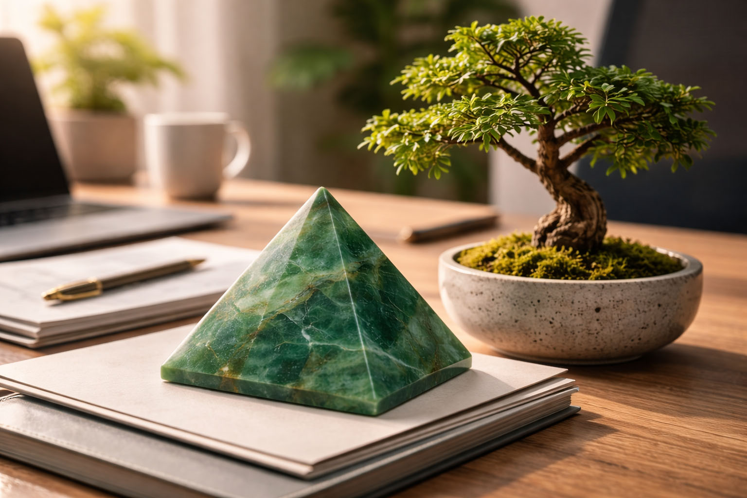 Pirámide de Jade Verde junto a un bonsái para fomentar el crecimiento constante y la calma en el trabajo.