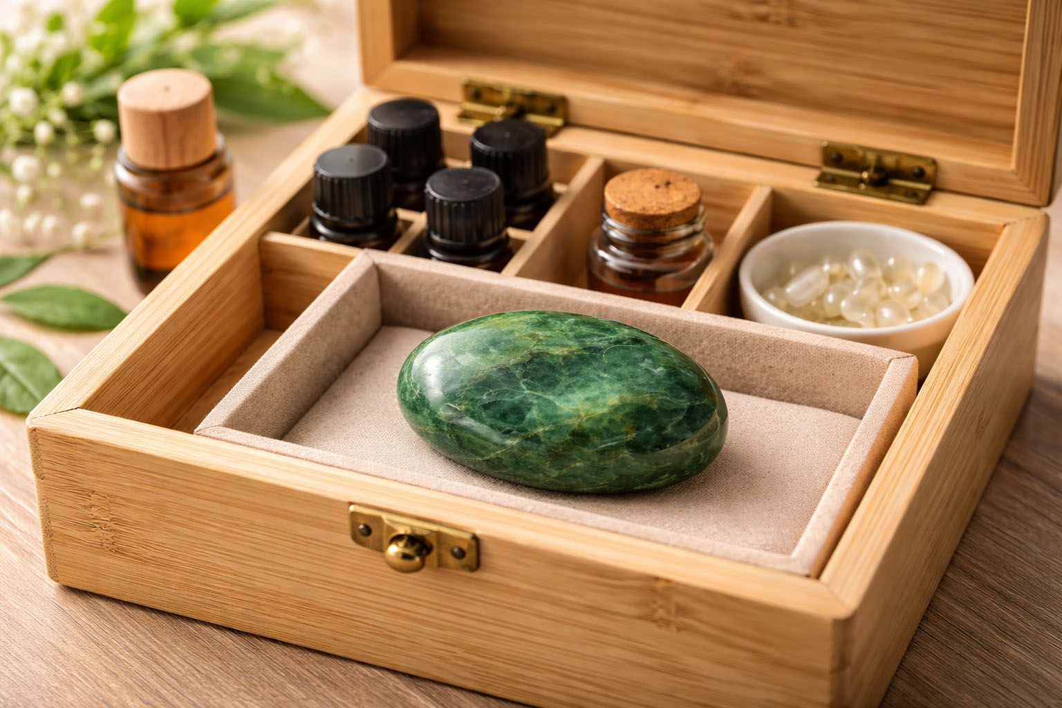 Jade Verde cerca de elementos de salud para reforzar los procesos de sanación y bienestar.