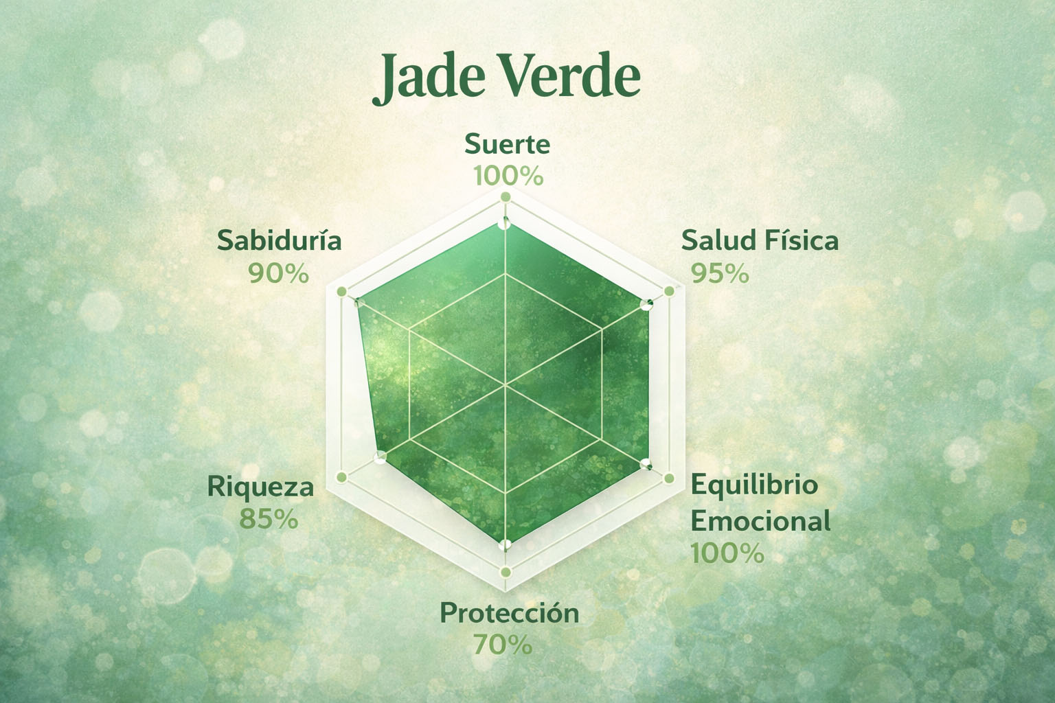 Gráfico de radar del Jade Verde destacando su máximo rendimiento en suerte, salud y equilibrio emocional.