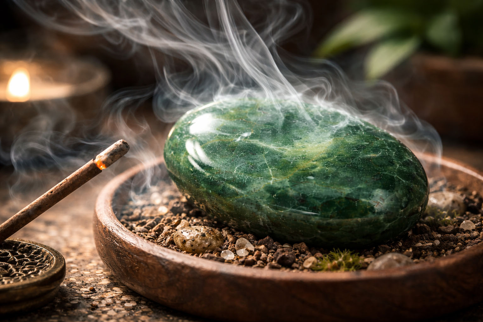Pasa la piedra por el humo para purificar las memorias de estancamiento que haya podido absorber del ambiente. Es ideal para limpiezas rápidas si lo usas como amuleto diario de protección y suerte.