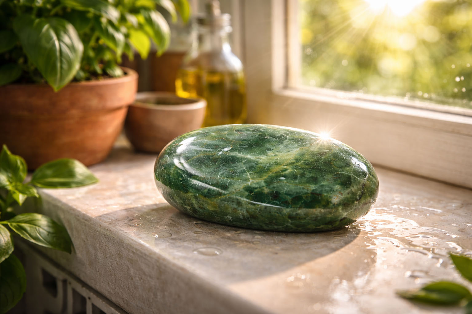 Expón el Jade a los primeros rayos del sol por 20 minutos para inyectarle energía de crecimiento. La luz del amanecer es la frecuencia exacta para activar sus propiedades de vitalidad sin degradar su color.