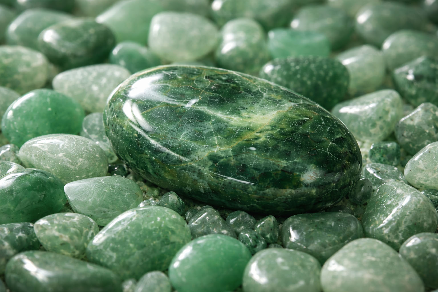 Coloca el Jade sobre una cama de Cuarzo Verde o Venturina para amplificar su resonancia de sanación. Esta recarga por simpatía mineral refuerza su
