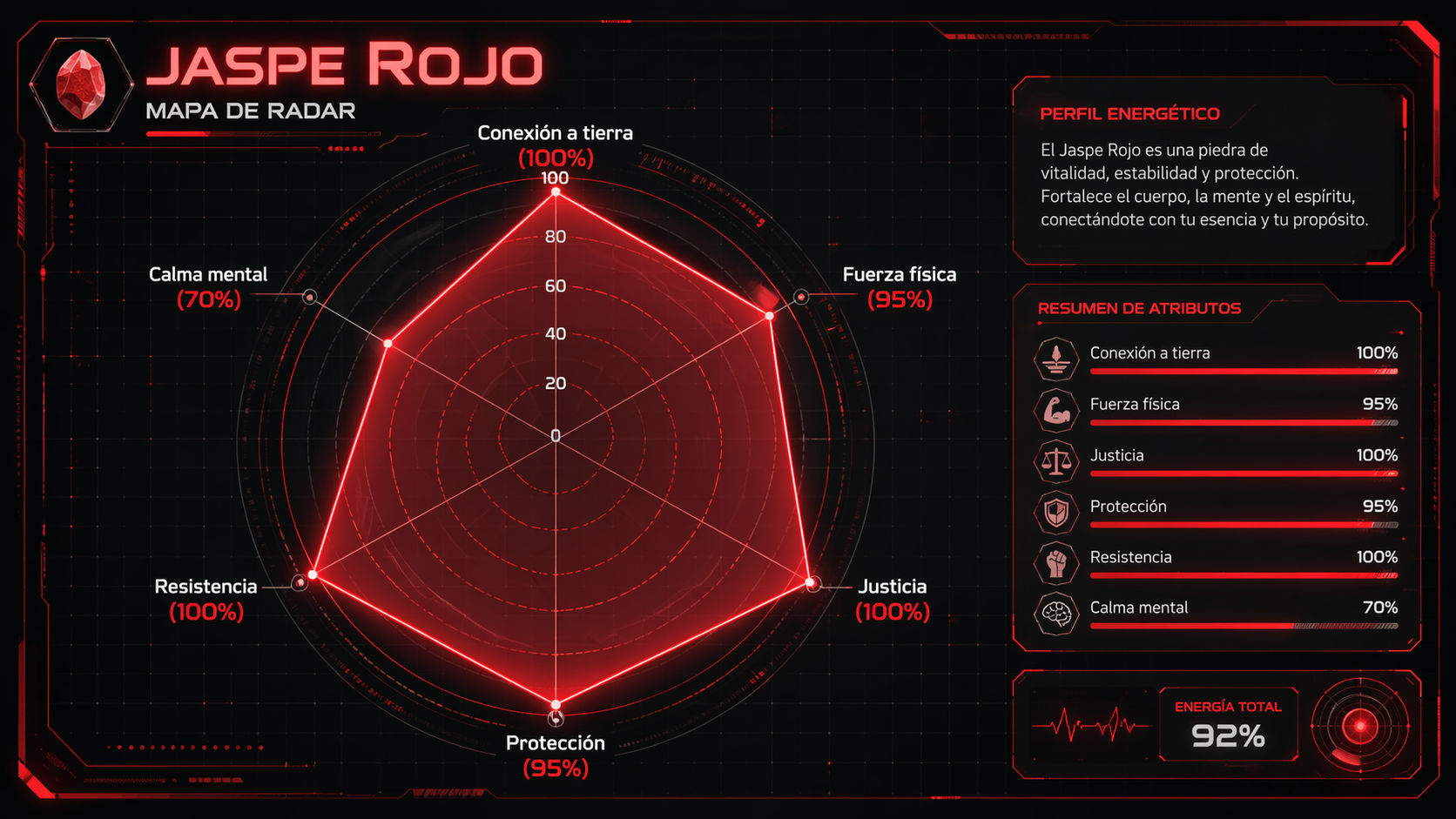 Gráfico de radar del Jaspe Rojo destacando su máxima capacidad en enraizamiento, justicia y resistencia física.