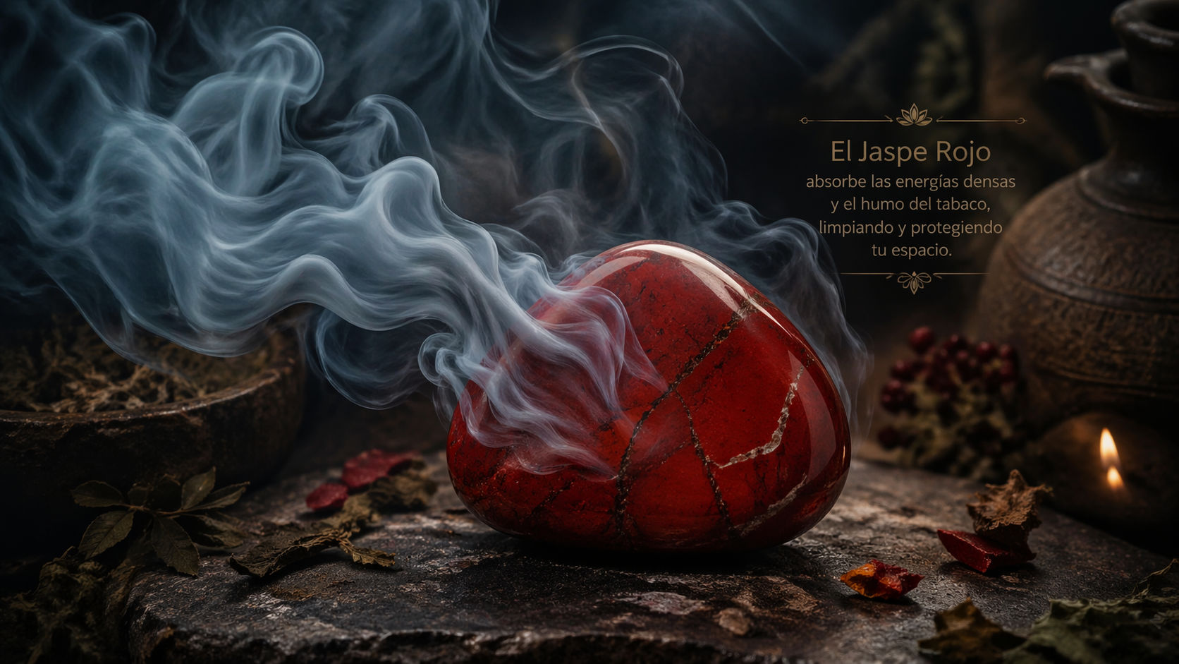 Pasa la piedra por el humo para limpiar las larvas astrales que se adhieren durante el contacto con personas tóxicas. Es el método preferido para reactivar su función de