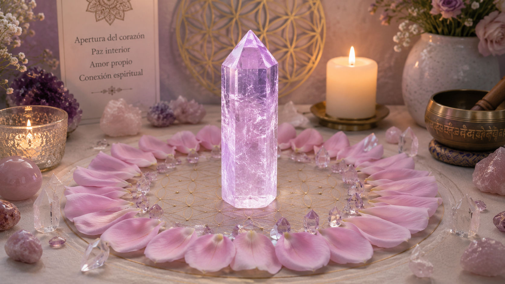 Punta de Kunzita para centrar la energía de meditación en el amor incondicional.