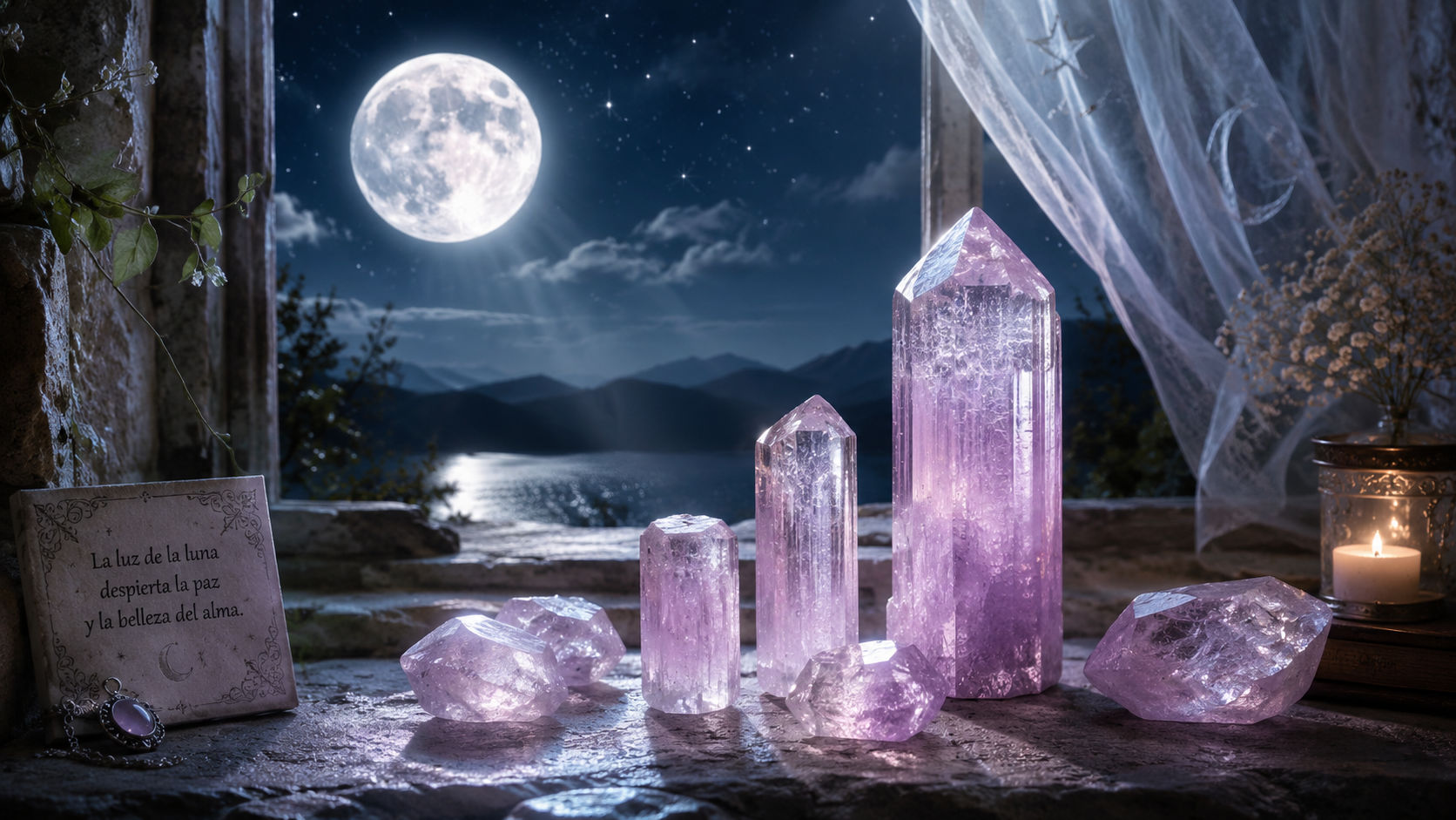 Kunzita cargándose con la luz lunar para irradiar protección suave por toda la casa.