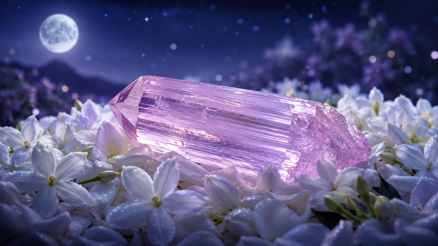 Deja que el cristal descanse sobre una cama de flores de jazmín frescas durante una noche para que la fragancia y la vida vegetal lo purifiquen. Es la forma más suave de devolverle su pureza original sin estrés físico.