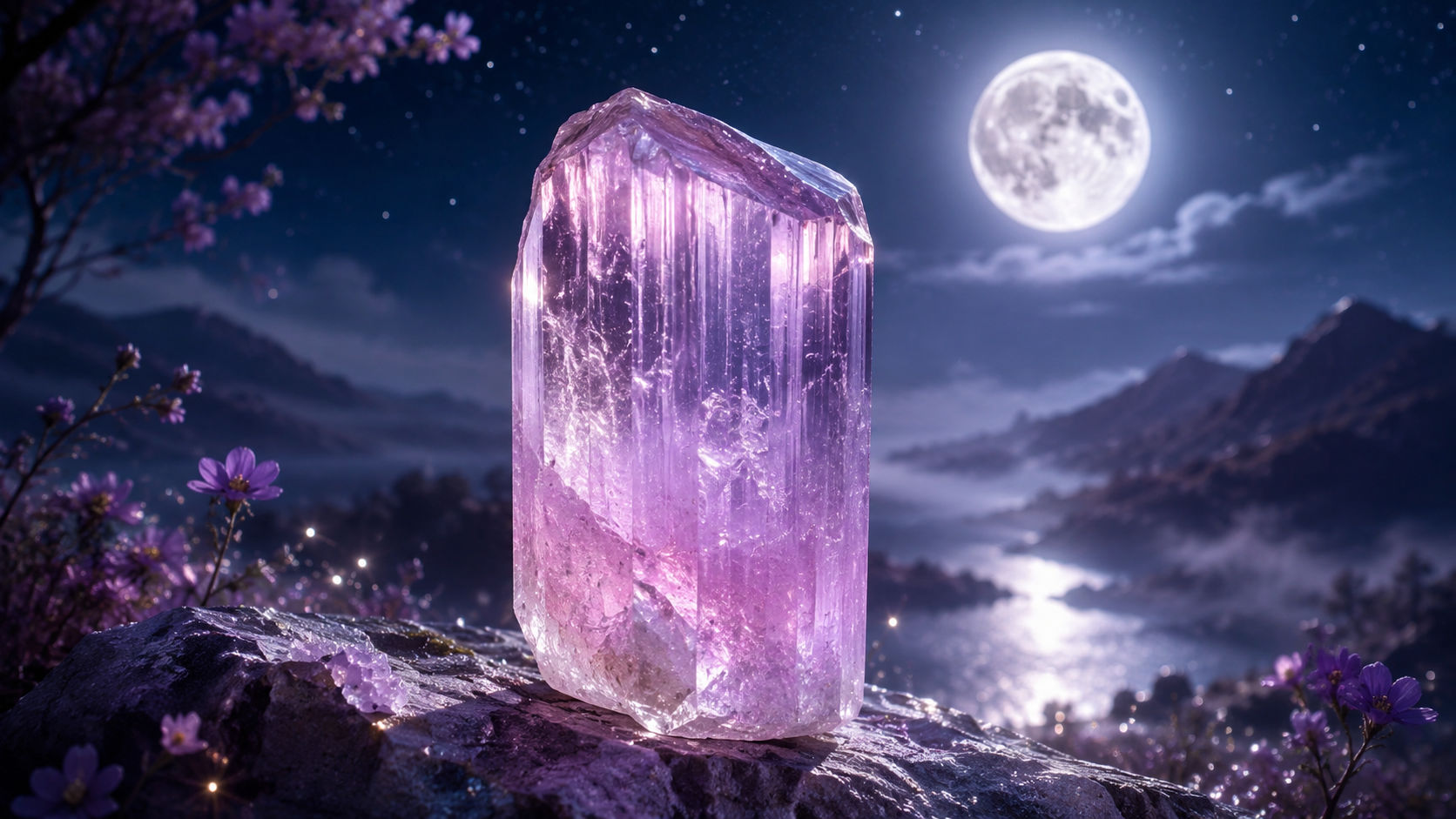 Coloca la piedra bajo el resplandor máximo de la luna para que absorba la energía femenina y receptiva del cosmos. La luna es la fuente de carga más segura y poderosa para mantener el color y la fuerza de la Kunzita.