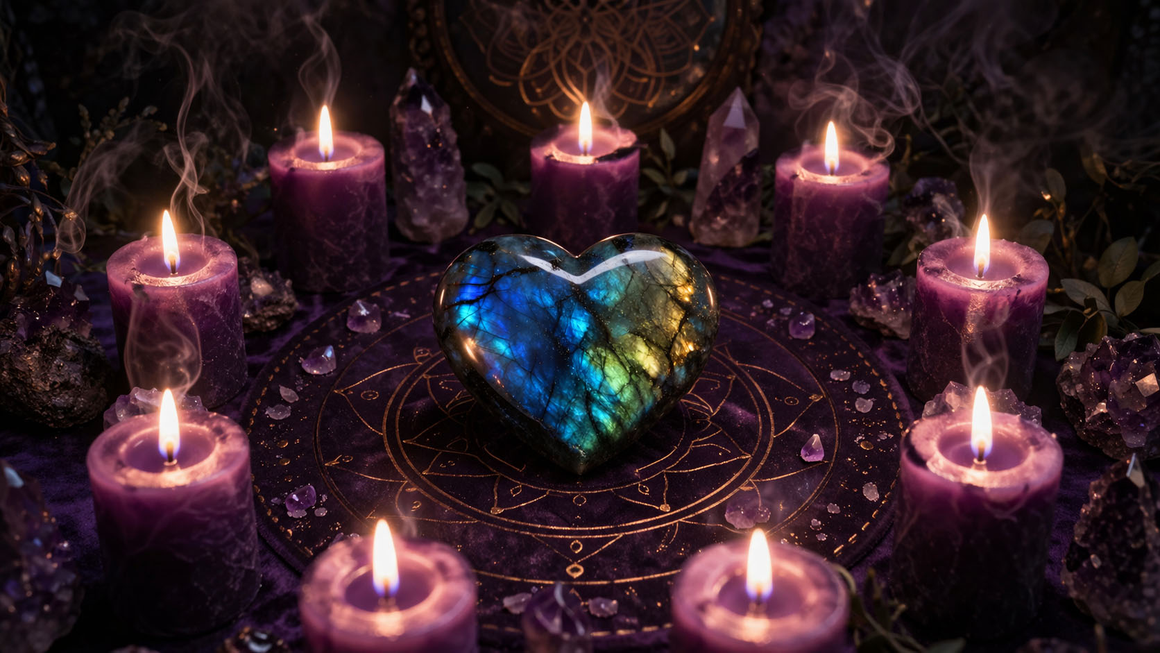 Labradorita en forma de corazón para centrar la energía durante la meditación profunda.