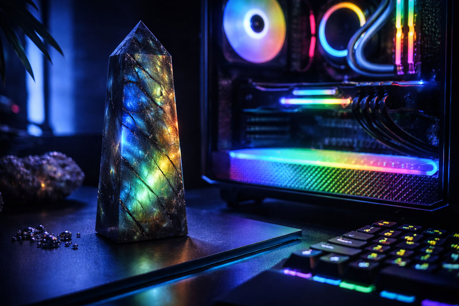 Torre de Labradorita integrando la magia mineral con el entorno de tecnología avanzada.